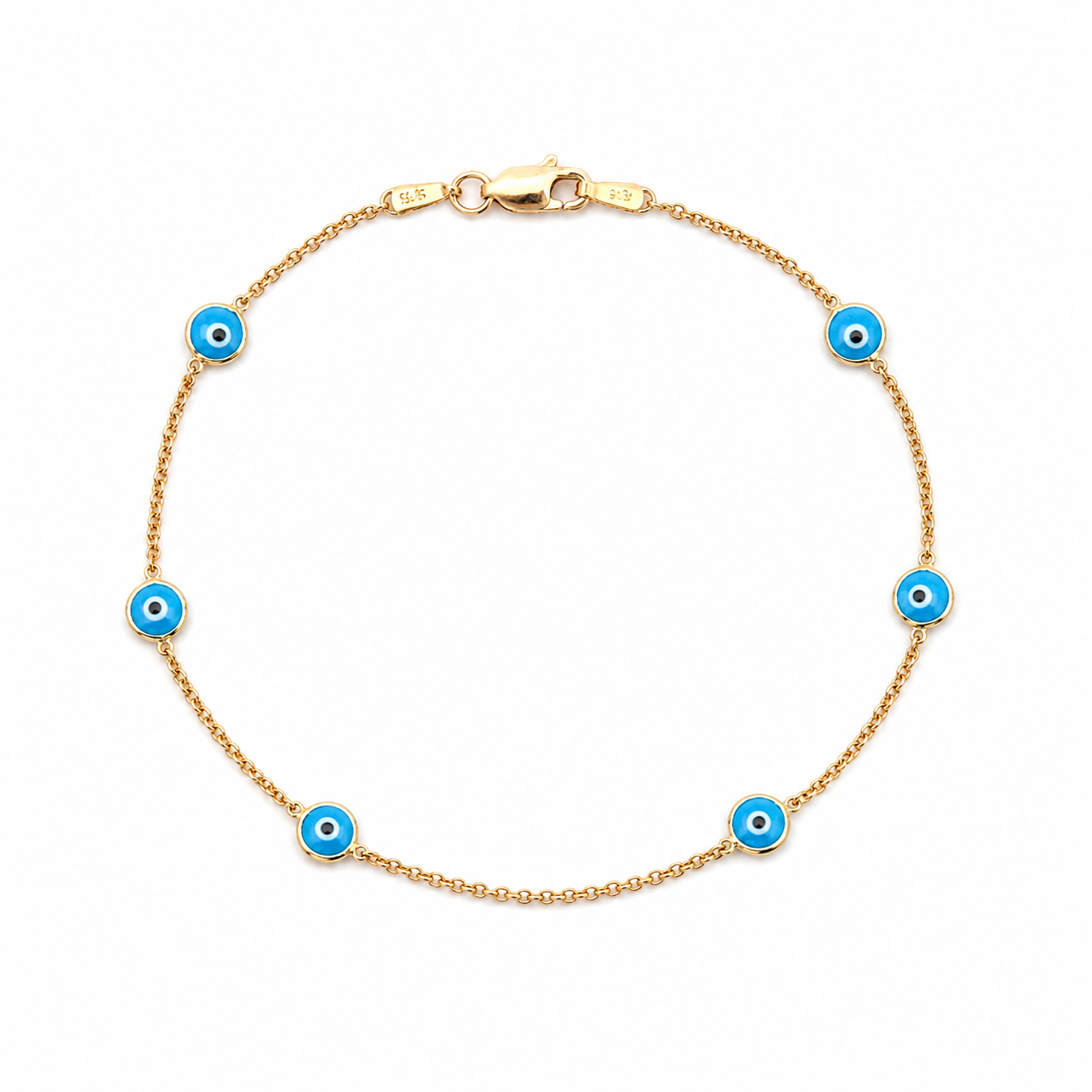 14K gold blue evil eye bracelet with blue enamel charms on a delicate station chain
