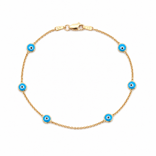 14K gold blue evil eye bracelet with blue enamel charms on a delicate station chain