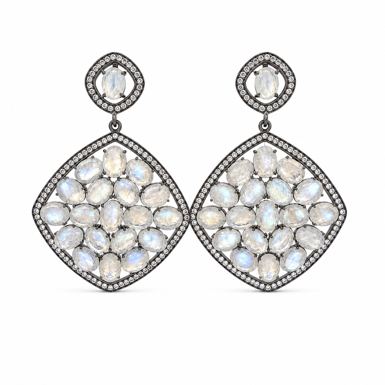 Sterling silver statement drop earrings featuring natural moonstones and sparkling cubic zirconia halo accents