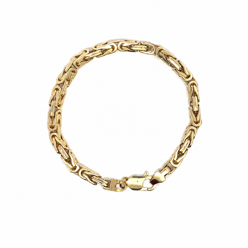 14K gold Byzantine link bracelet featuring a woven chain design and polished finish