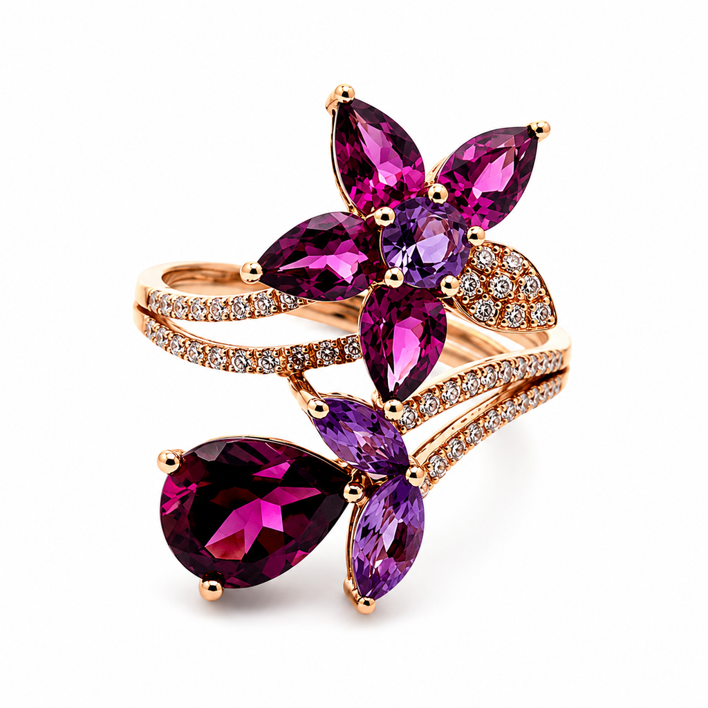 18K Rose Gold Ruby, Amethyst & Diamond Floral Ring
