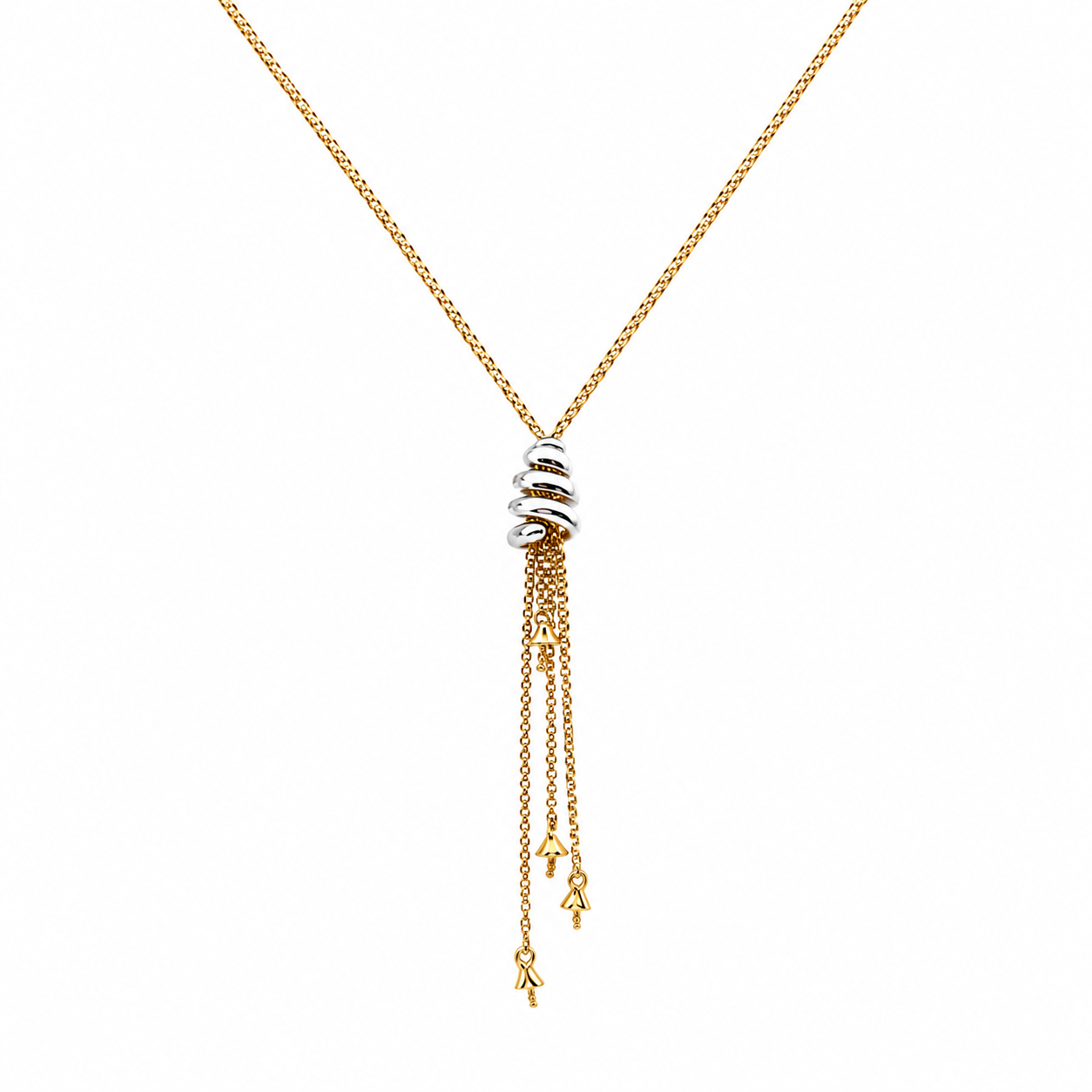 14K two-tone gold tassel necklace featuring yellow gold chain and white gold centerpiece with dangling tassel details