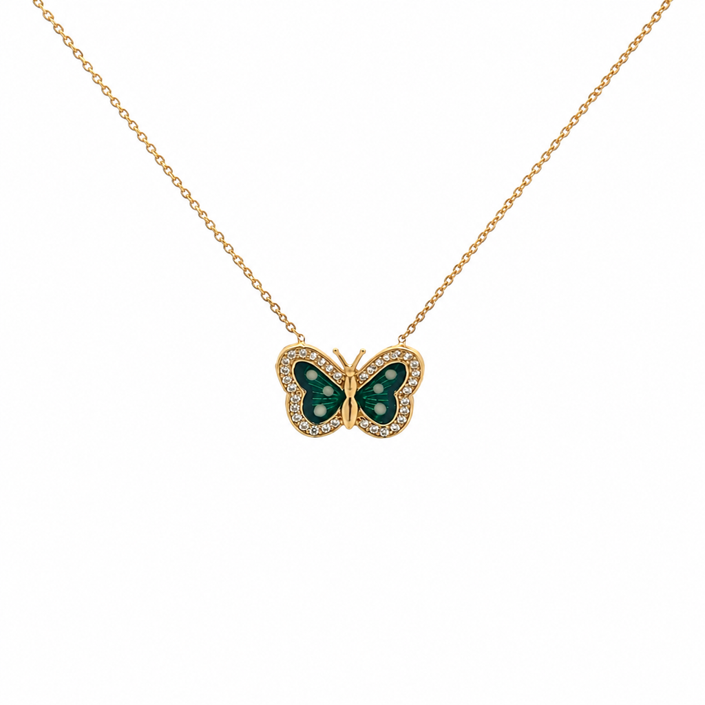14K gold butterfly necklace with green enamel wings and CZ stone accents on a delicate gold chain