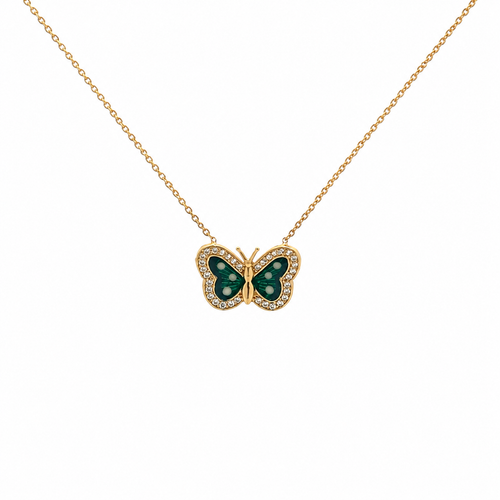 14K gold butterfly necklace with green enamel wings and CZ stone accents on a delicate gold chain